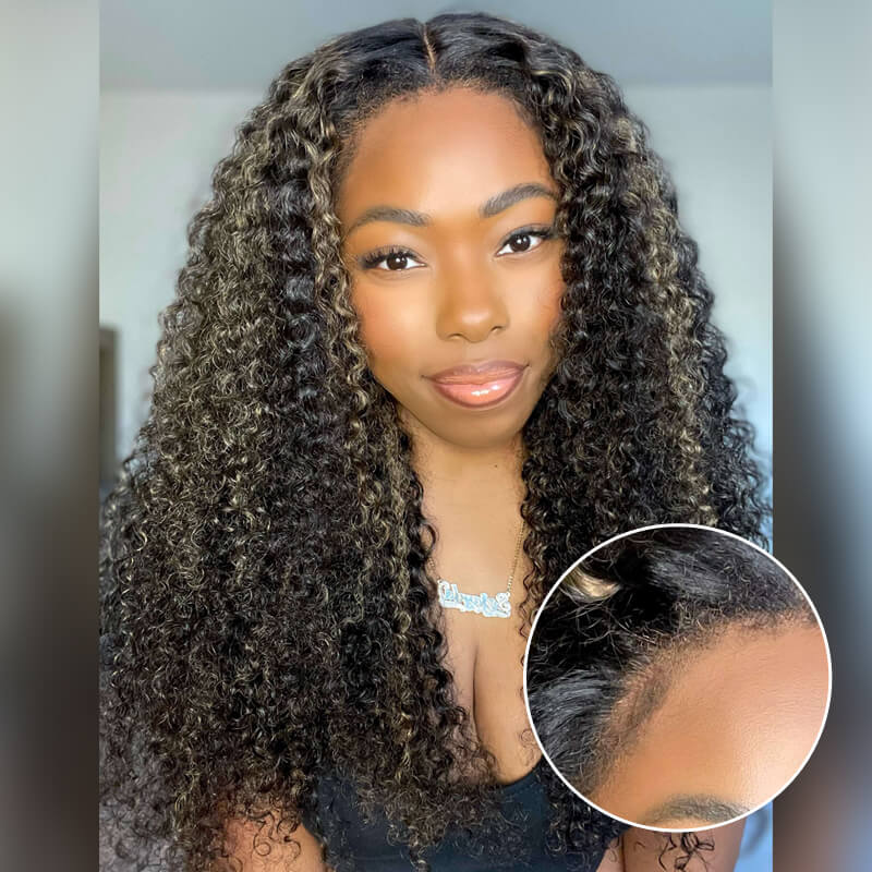 4C Edges Hairline Wig Honey Blonde Highlight Wig 13x4 5x5 HD Lace Front Jerry Curly Human Hair Wigs