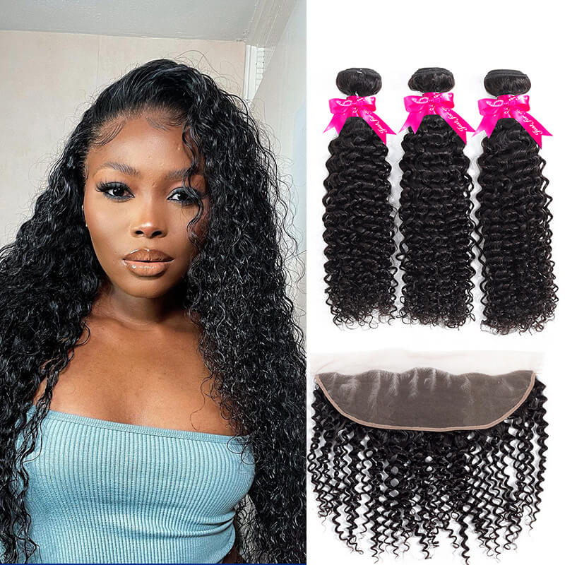 Kinky Curly Virgin Hair Weave 3 Bundles With 13*4 Lace Frontal