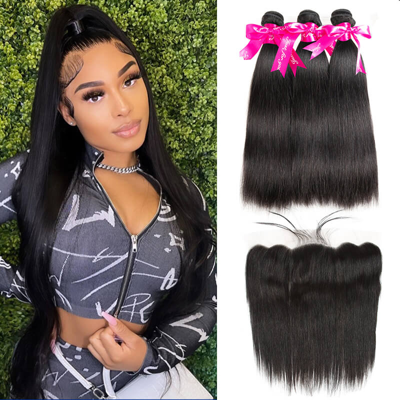 Straight Virgin Hair Weave 3 Bundles With 13*4 Lace Frontal