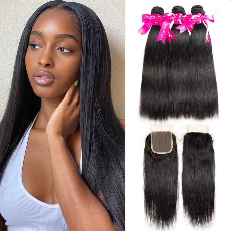 Straight Human Hair 3 Bundles With 4x4 Lace Closure