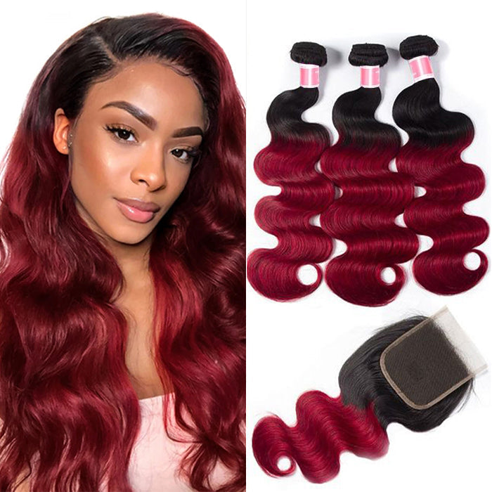 Hedy Hair T1B/99j Ombre Body Wave Human Hair 3 Bundles With 4x4 Lace Closure