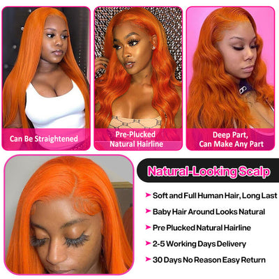 Ginger Color Body Wave Wig 13×4 Lace Front Wigs Glueless Human Hair Wig