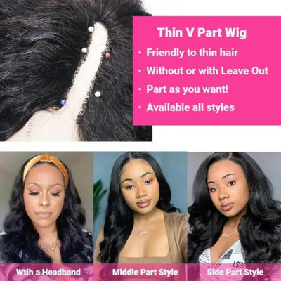 V Part Wig Body Wave Human Hair Wigs Thin Part Wigs Without Leave out
