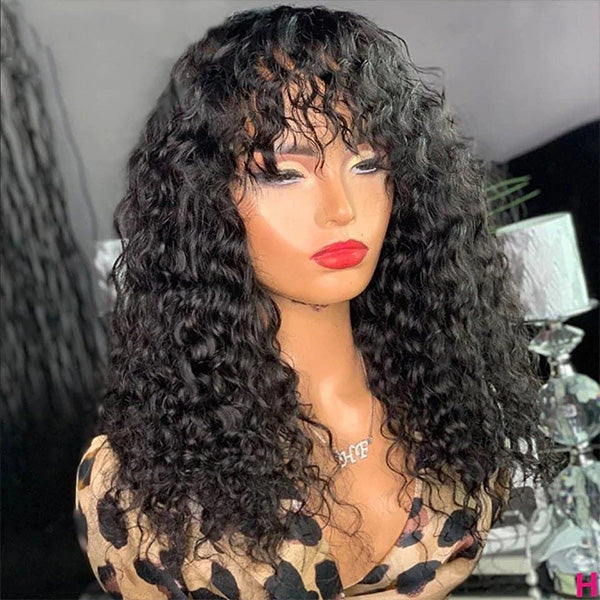 Deep Wave Human Hair Wigs With Bangs No Lace Front Human Hair Wigs 180% Density Full Machine Made Wig