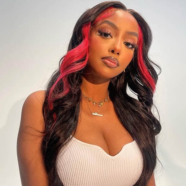 Straight Skunk Stripe Wigs Pink/613 Blonde/Green Highlights Human Hair Lace Front Wigs