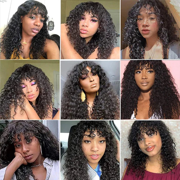 Curly Human Hair Wigs With Bangs No Lace Front Human Hair Wigs 180% Density Full Machine Made Wig