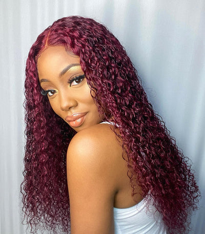 Burgundy 99J Curly Human Hair Wigs HD Lace Front Wigs Pre Plucked