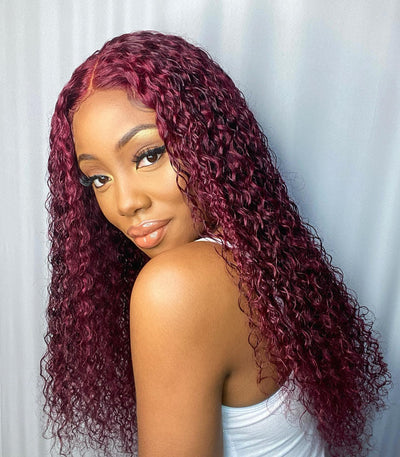 Burgundy 99J Curly Human Hair Wigs HD Lace Front Wigs Pre Plucked