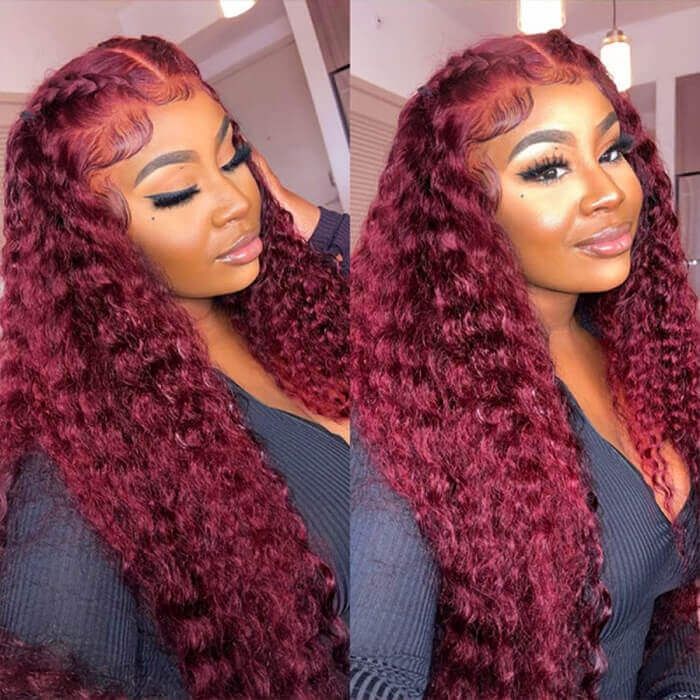 Burgundy 99J Curly Human Hair Wigs HD Lace Front Wigs Pre Plucked