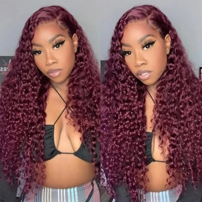 Burgundy 99J Curly Human Hair Wigs HD Lace Front Wigs Pre Plucked