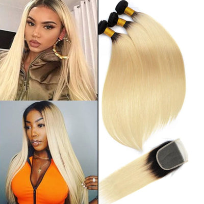 T1B/613 Ombre Straight Human Hair 3 Bundles With 4x4 Lace Closure