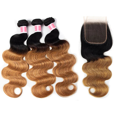 Ombre 1B27 Body Wave Human Hair 3 Bundles With 4x4 Lace Closure