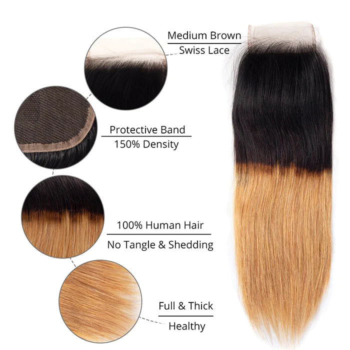 Ombre 1B27 Straight Human Hair 3 Bundles With 4x4 Lace Closure