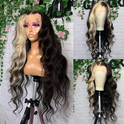 Skunk Stripe Wig with Blonde Highlights Body Wave 13x4 HD Lace Front Human Hair Wigs