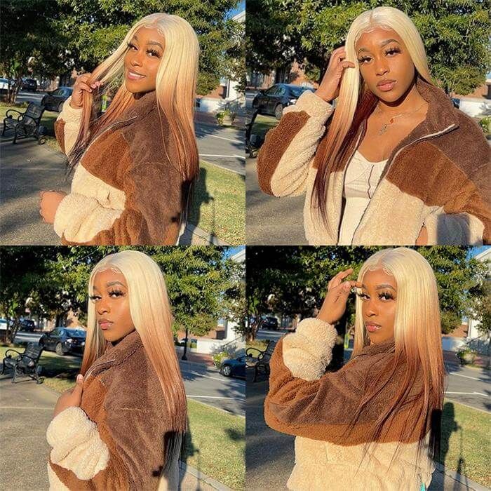 Ombre Lace Front Wigs Straight 613 Blonde Brown Human Hair Wigs