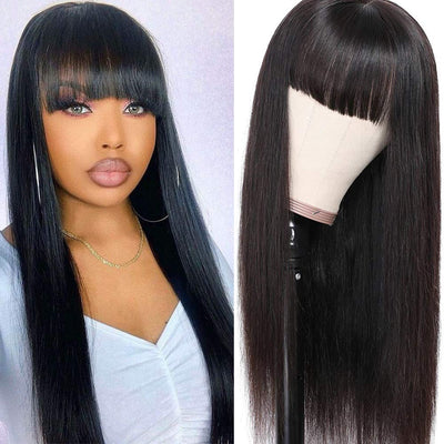 Straight Human Hair Wigs With Bangs Full Machine Made Wig With Bangs