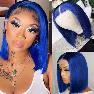 Blue Bob Wig Straight 13x4 Lace Front Human Hair Wig Natural Hairline