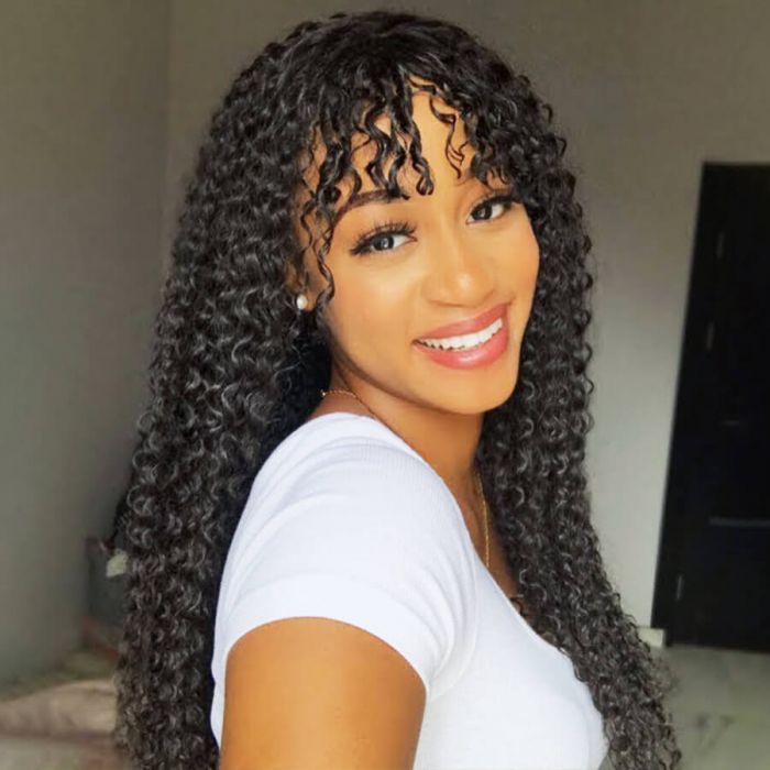 Curly Human Hair Wigs With Bangs No Lace Front Human Hair Wigs 180% Density Full Machine Made Wig