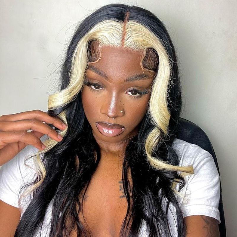 Skunk Stripe Wig with Blonde Highlights Body Wave 13x4 HD Lace Front Human Hair Wigs