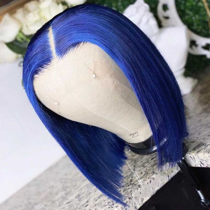 Blue Bob Wig Straight 13x4 Lace Front Human Hair Wig Natural Hairline