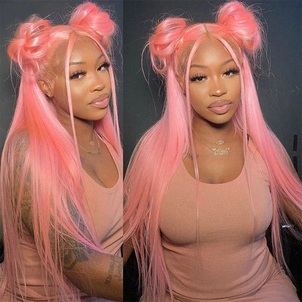 Light Pink 13x4 HD Lace Frontal Wigs Glueless Straight Human Hair Wig Pre Plucked Bleached Knots
