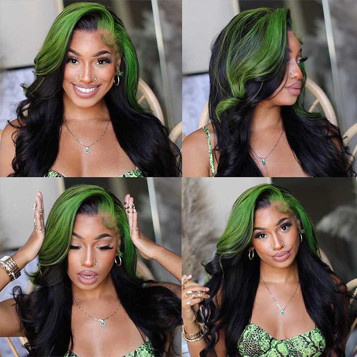 Fashion Skunk Stripe Wigs Pink/613 Blonde/Green Highlights Human Hair Lace Front Wigs