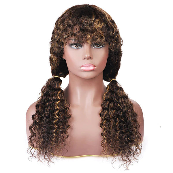 P4/27 Piano Highlights Color Wig With Bangs Deep Wave Curly Non-Lace Machine Made Colored Wig Protective Style Human Hair Wigs Machine Made Wigs