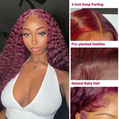 Burgundy 99J Curly Human Hair Wigs HD Lace Front Wigs Pre Plucked