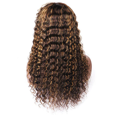 P4/27 Piano Highlights Color Wig With Bangs Deep Wave Curly Non-Lace Machine Made Colored Wig Protective Style Human Hair Wigs Machine Made Wigs