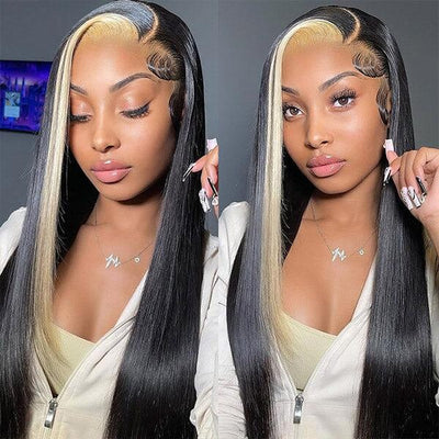 Straight Skunk Stripe Wigs Pink/613 Blonde/Green Highlights Human Hair Lace Front Wigs
