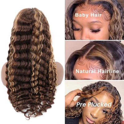 Glueless Deep Wave Wig Highlight #4/27 Honey Blonde Transparent HD Lace Wigs