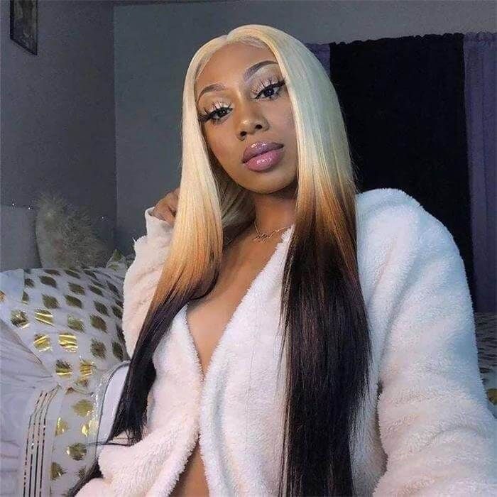 Ombre Lace Front Wigs Straight 613 Blonde Brown Human Hair Wigs