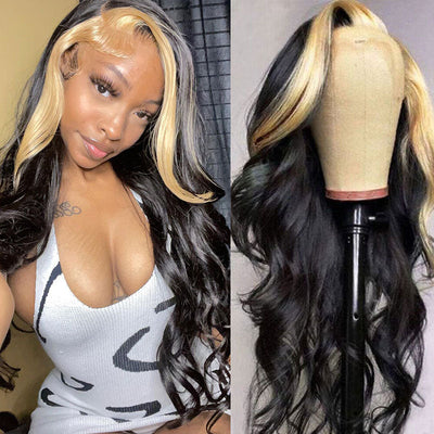 Skunk Stripe Wig with Blonde Highlights Body Wave 13x4 HD Lace Front Human Hair Wigs