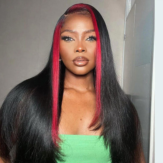 Straight Skunk Stripe Wigs Pink/613 Blonde/Green Highlights Human Hair Lace Front Wigs