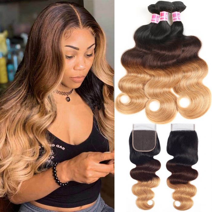 Ombre Hair 1B/4/27 Color Body Wave Human Hair 3 Bundles With 4x4 Lace Closure