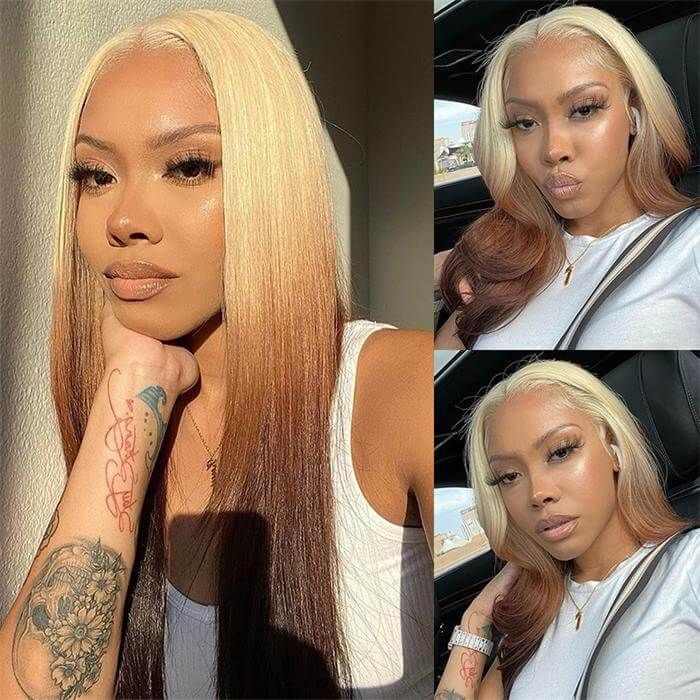 Ombre Lace Front Wigs Straight 613 Blonde Brown Human Hair Wigs
