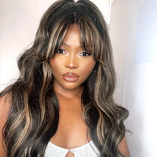 Highlights Wig with Bangs Body Wave Wig Throw on & Go Cost-effective Wig