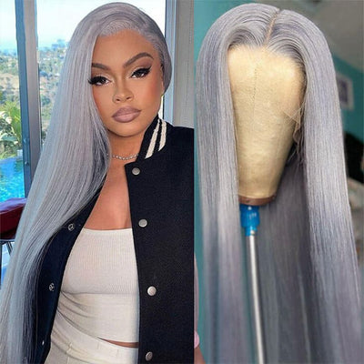 Hedy Hair Icy Grey Colored Human Hair Wig Top Grade 13x4 HD Lace Front Wig Colored Straight Wigs