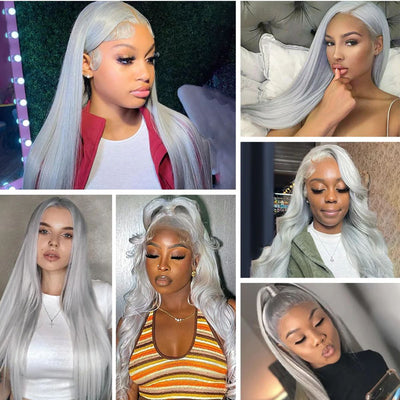 Hedy Hair Icy Grey Colored Human Hair Wig Top Grade 13x4 HD Lace Front Wig Colored Straight Wigs