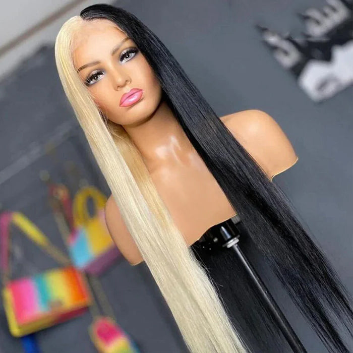Half Black Half 613 Blonde Wigs 13x4HD Lace Front Human Hair Wigs