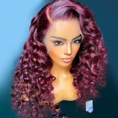 Wand Curl Loose Deep Wave Lace Front Wigs Wand Curl Human Hair #99J Burgundy Wig