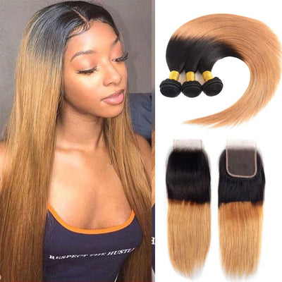 Ombre 1B27 Straight Human Hair 3 Bundles With 4x4 Lace Closure