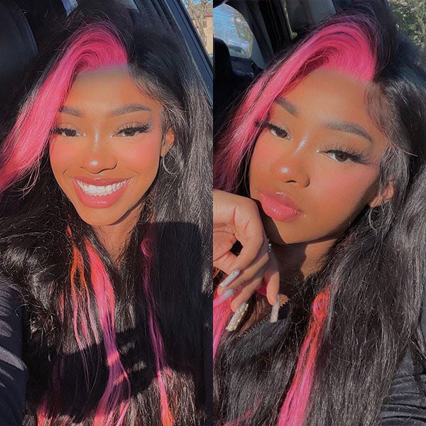 Fashion Skunk Stripe Wigs Pink/613 Blonde/Green Highlights Human Hair Lace Front Wigs