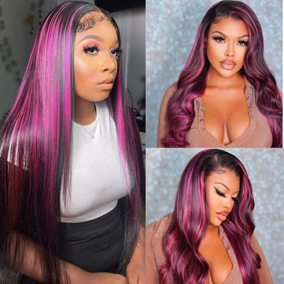 Hedy Purple Highlights Lace Front Wigs  Balayage Straight 13x4 Transparent HD Lace Human Hair Wigs