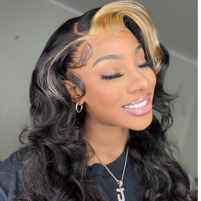 Skunk Stripe Wig with Blonde Highlights Body Wave 13x4 HD Lace Front Human Hair Wigs