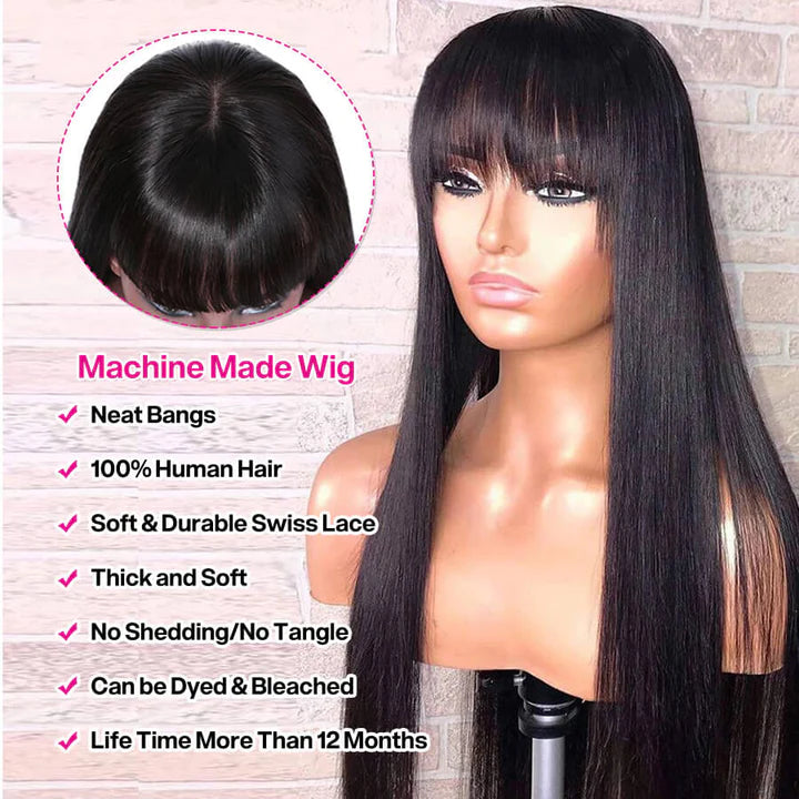 Buy One Get One Free Straight Human Hair Wigs With Bangs + Water Wave Headband Wig